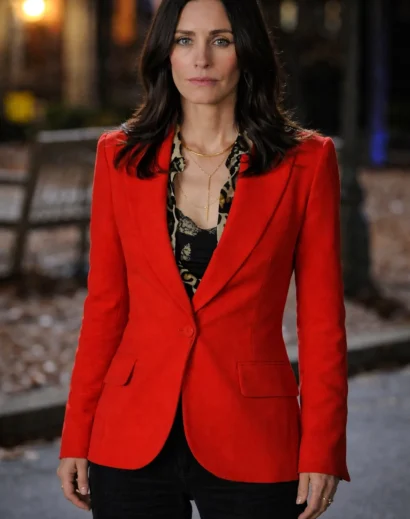 Scream 7 Gale Weathers Red Blazer front view on mannequin with tailored fit and sharp lapel