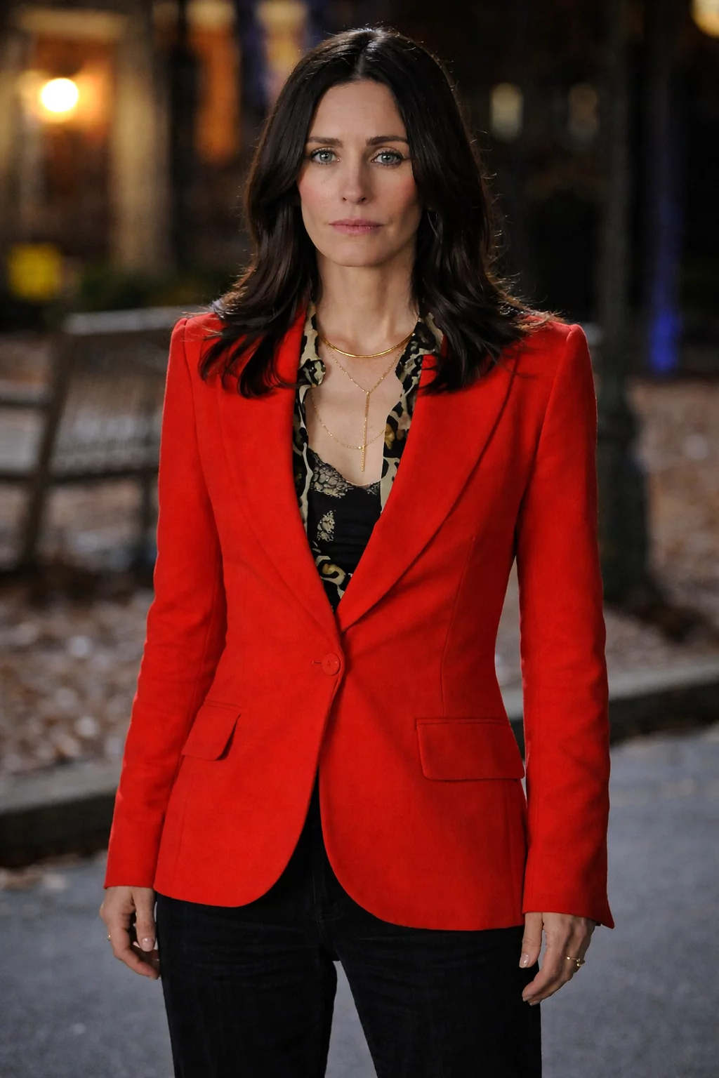 scream-7-gale-weathers-red-blazer-front-mannequin Scream 7 Gale Weathers Red Blazer front view on mannequin with tailored fit and sharp lapel