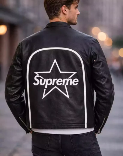 Back view supreme leather jacket black star logo vanson edition