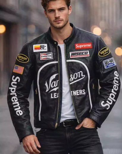 Front zip closed supreme leather jacket black vanson premium look