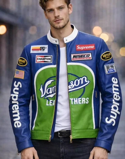 Front view supreme leather jacket vanson blue with zip open urban style