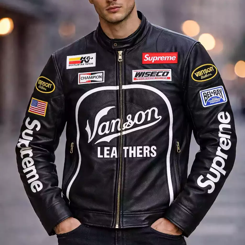 Supreme Vanson Leather Jacket Black & Blue | Cafe Racer Men