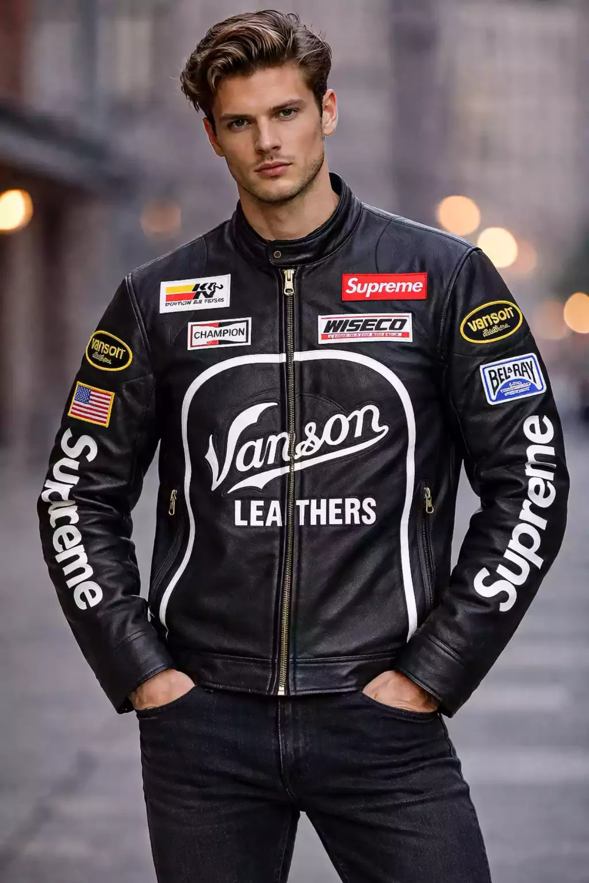 Supreme Vanson Leather Jacket Black & Blue | Cafe Racer Men