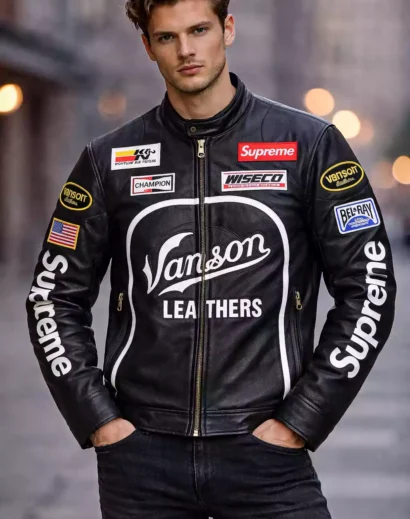 Model wearing supreme vanson leather jacket black with racing patches