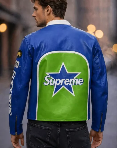 Back design supreme vanson leather jacket blue star logo streetwear