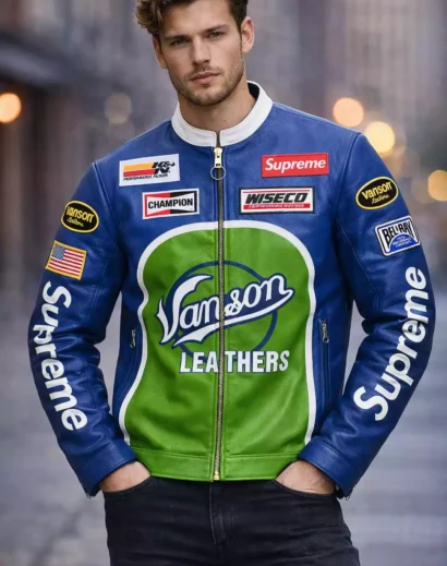 Model wearing supreme vanson leather jacket blue racing style with patches