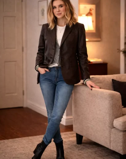 Scream 7 Isabel May outfits brown leather blazer women Tatum Evans blazer jacket style