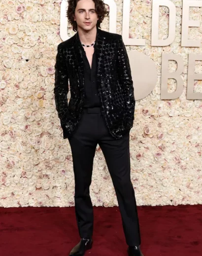 Timothee Chalamet black suit with sparkly tuxedo and modern red carpet fashion