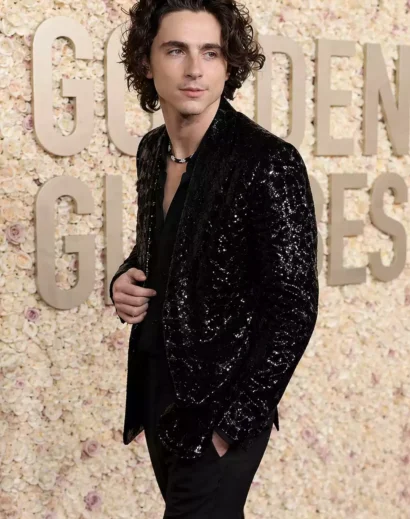 Timothee Chalamet sequin jacket shine with black coat sparkle outfit at event