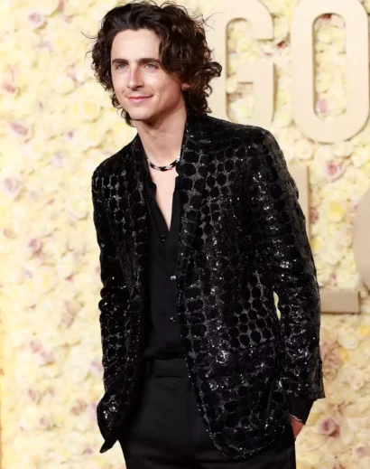 Timothee Chalamet wearing sparkly tuxedo with black suit and stylish sequin jacket