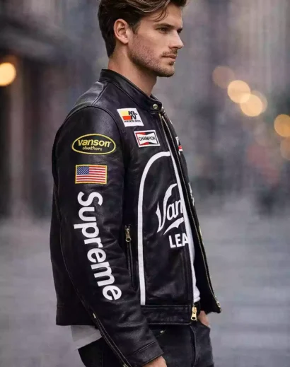 Side angle vanson supreme leather jacket black worn by stylish model