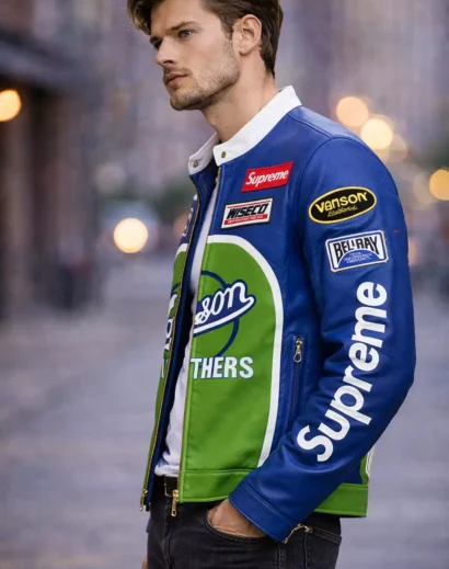 Side profile vanson supreme leather jacket blue worn by male model