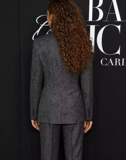 Zendaya charcoal gray outfit suit back view, zendaya suit outfits with structured zendaya grey coat design