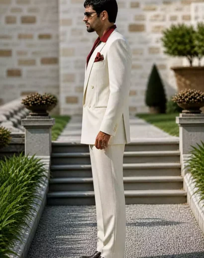 Al Pacino Scarface white suit design with red shirt, premium tony montana suit style for men