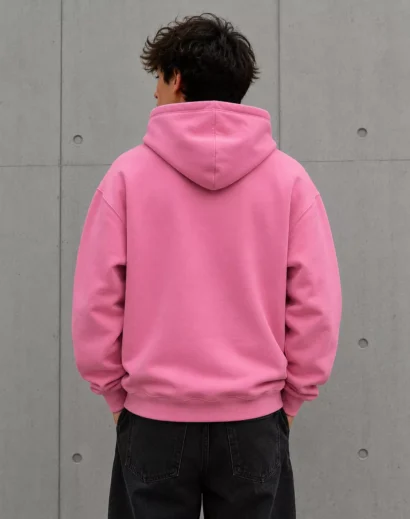 Back side of all we need is love hoodie pink oversized hoodie for men with plain back design