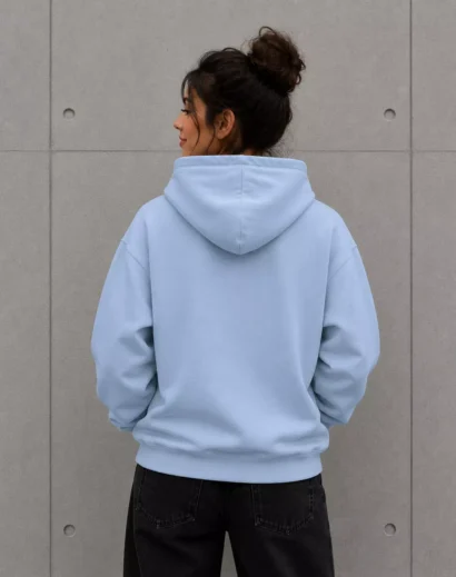 Back view of blue oversized hoodie for women plain style all we need is money hoodie men and women fashion