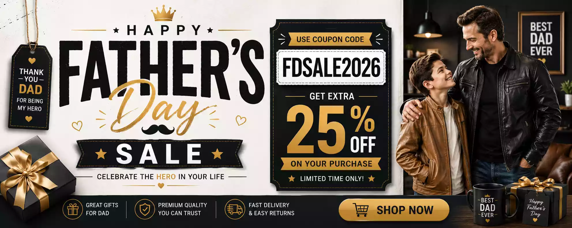 fathers-day-sale-banner-black-leather-jacket-fdsale2026 Wide Father’s Day promotional banner featuring an American white father in a black leather jacket and son in a light brown leather jacket with coupon code FDSALE2026 and 25% OFF sale offer.