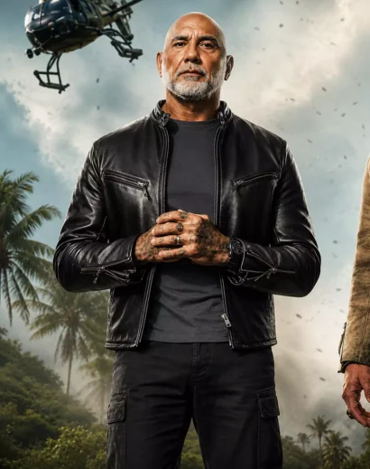 The Wrecking Crew 2026 Jacket worn by Dave Bautista in black biker leather style