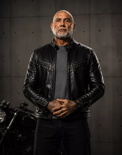 Black motorcycle leather jacket men inspired by James The Wrecking Crew 2026 Jacket