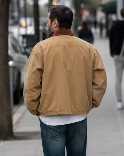 Back view of Keanu Reeves Brown Cotton Jacket inspired by john wick brown leather jacket and keanu reeves cotton jacket john wick style