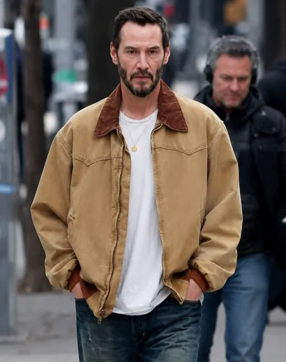 Half front portrait of Keanu Reeves jacket outcome with realistic natural lighting and premium keanu reeves brown leather jacket look