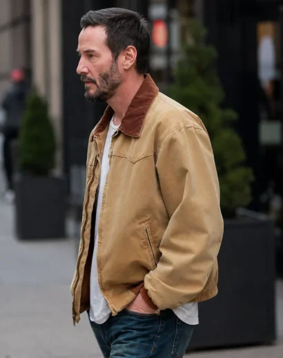 Keanu Reeves Brown Jacket left side profile photoshoot featuring keanu reeves jacket zipper and cotton jacket style
