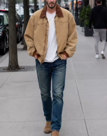 Keanu Reeves Outcome 2026 Brown Cotton Jacket front full image with natural lighting and realistic street photoshoot style