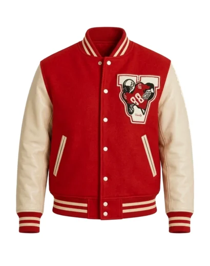 michael-2026-jaafar-jackson-red-varsity-jacket-front Michael 2026 Jaafar Jackson Red Varsity Jacket Front View – Red Varsity Bomber Jacket
