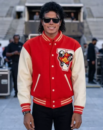 Michael 2026 Jaafar Jackson Red Varsity Jacket Front View – Jaafar Jackson Red Varsity Bomber Jacket Men