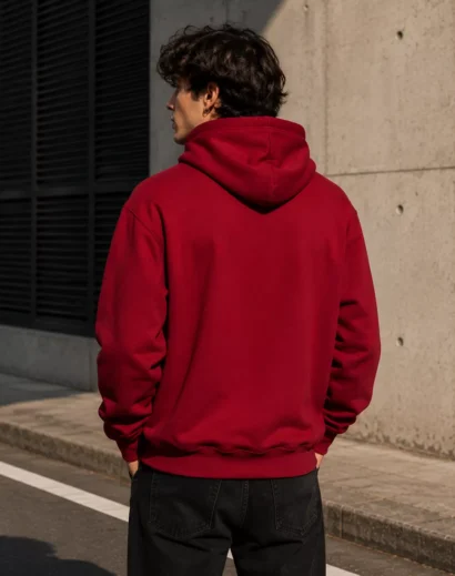 red-fleece-hoodie-mens-back Red fleece hoodie mens back side urban streetwear photoshoot