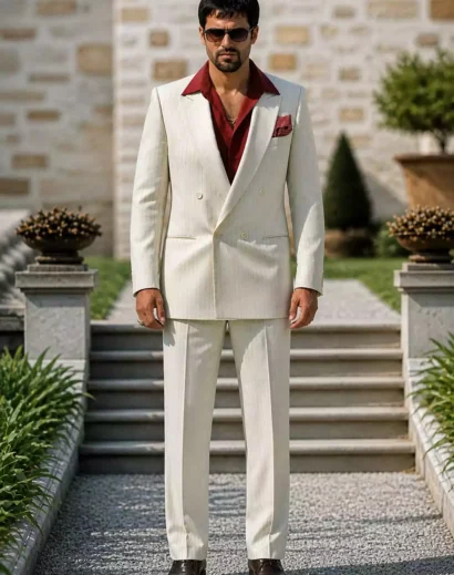 Scarface white suit inspired by Tony Montana suit with red shirt, classic Al Pacino Scarface white suit style
