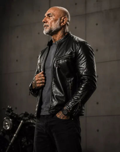 The Wrecking Crew Dave Bautista jacket in vintage black motorcycle leather style