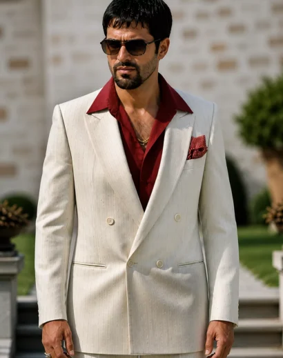 Tony Montana costume white suit with red shirt, scarface suit iconic mafia fashion look
