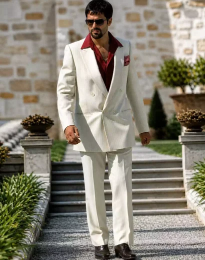 Tony Montana suit white full outfit, iconic scarface suit style with red shirt and luxury tailoring