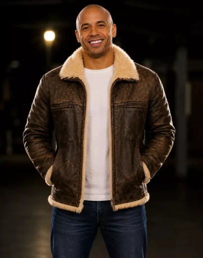 XXX movie Vin Diesel brown leather jacket with fur collar front side model image