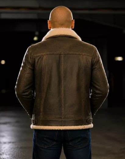 vin-diesel-triple-x-fur-jacket-back-view Back side of Vin Diesel Triple X fur jacket with premium brown leather and shearling detailing