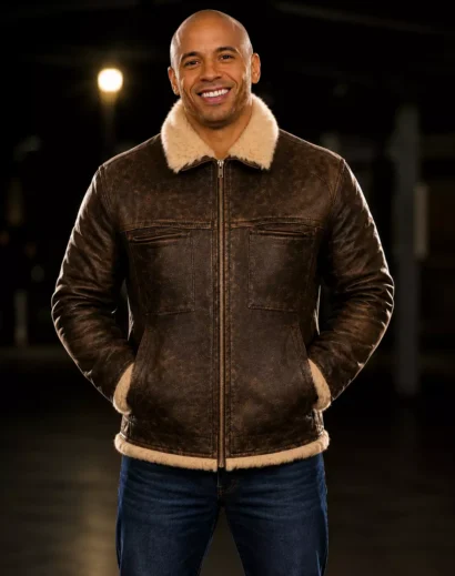 vin-diesel-triple-x-fur-jacket-front-zip-closed Vin Diesel Triple X leather fur jacket front view with closed zipper and brown shearling design