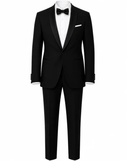 007 black tuxedo inspired by James Bond tuxedo No Time To Die and Skyfall featuring a luxury black dinner suit with bow tie.