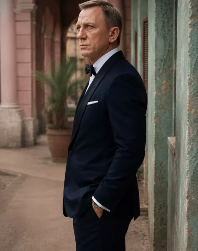 007 blue tuxedo side profile featuring a sophisticated James Bond evening suit look with luxury formal styling.