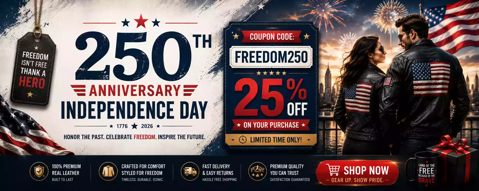 250th-independence-day-leather-jacket-sale-banner-freedom250 250th Independence Day leather jacket sale banner featuring a couple wearing American flag leather jackets, FREEDOM250 coupon code, and 25% off promotion.