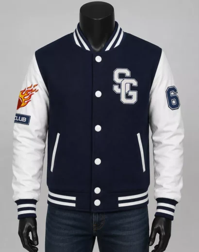 American Football Navy Blue Stegaro Varsity Jacket front view for men with embroidered SG logo and football patch