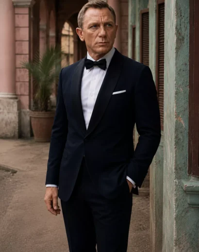 James Bond Dinner Suit navy blue front view inspired by the classic James Bond suit style with elegant bow tie and premium tailoring.