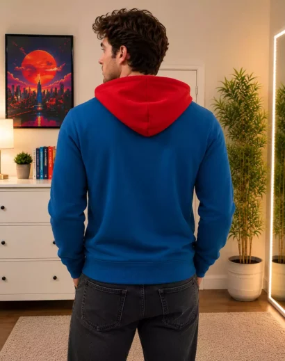 Back view of blue letterman jacket men style featuring a red hood inspired by the Supergirl Shield Jacket and Milly Alcock Supergirl Jacket design.