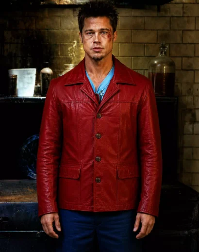 Brad Pitt Red Leather Jacket with button closure, inspired by the famous Tyler Durden Leather Jacket outfit from Fight Club.