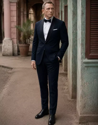 James Bond Dinner Suit navy blue front view inspired by the classic James Bond suit style with elegant bow tie and premium tailoring.