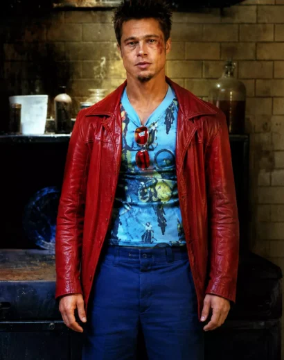 Full body view of Fight Club Leather Jacket Brad Pitt style featuring the iconic Tyler Durden Red Leather Jacket design.