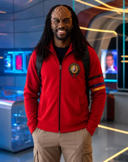Handmade Karim Dian Star Men Women Fleet Trek Red Hoodie featuring the Karim Diane Star Trek Starfleet Academy Red Hoodie design with embroidered academy patch, premium red fleece hoodie style, front zip closure, and iconic Starfleet Academy hoodie look.