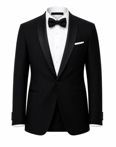 James Bond black tuxedo blazer with white shirt and bow tie inspired by Daniel Craig James Bond black tuxedo style.