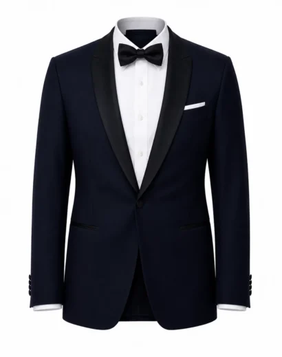 James Bond dinner jacket navy blue blazer featuring satin lapels and luxury formalwear inspired by 007 style.