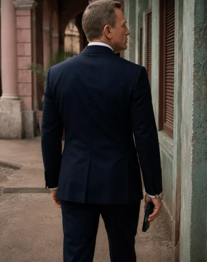 James Bond dinner suit Casino Royale inspired navy blue tuxedo back view with refined tailoring and timeless elegance.